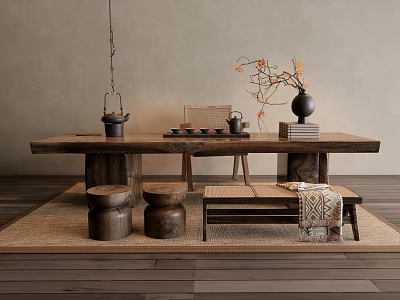 Natural Wooden Tea Table and Stools with Tea Set and Vase in Rustic Home 3d model