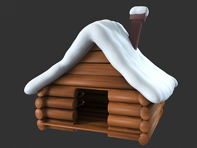 Cozy Rustic Log Cabin With Snow Covered Roof And Wooden Chimney 3d model