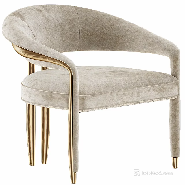 Modern Elegant Single Chair With Light Gray Velvet Upholstery Curved Armrests And Gold Legs 3d model 