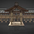 Traditional Wooden House With Tile Roof And Wooden Pillars Veranda Hanging Bells And Stone Steps
