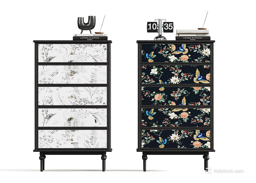 Decorative Dressers With Floral And Bird Patterns In Black White And Colorful Design 3d model 