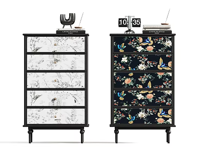 Decorative Dressers With Floral And Bird Patterns In Black White And Colorful Design 3d model