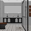 Modern Bathroom Interior With Pink Walls Black Vanity White Tile Floor And Glass Shower