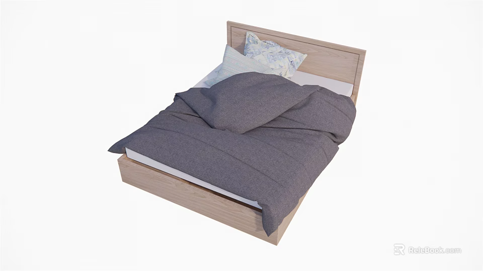 Cozy Double Bed with Wooden Headboard Gray Comforter and Patterned Pillows 3d model