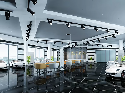 4S Dealership Modern Showroom Interior Featuring White Cars And Ceiling Lights 3d model