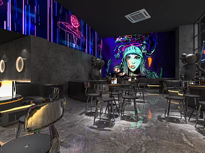 Modern Bar Interior With Neon Lights And Colorful Mural Black Decor Tables And Chairs Setup 3d model