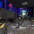 Modern Bar Interior With Neon Lights And Colorful Mural Black Decor Tables And Chairs Setup