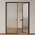 Modern Swing Door In Contemporary Interior With Frosted Glass Vertical Stripes Black Frame Wooden Floor