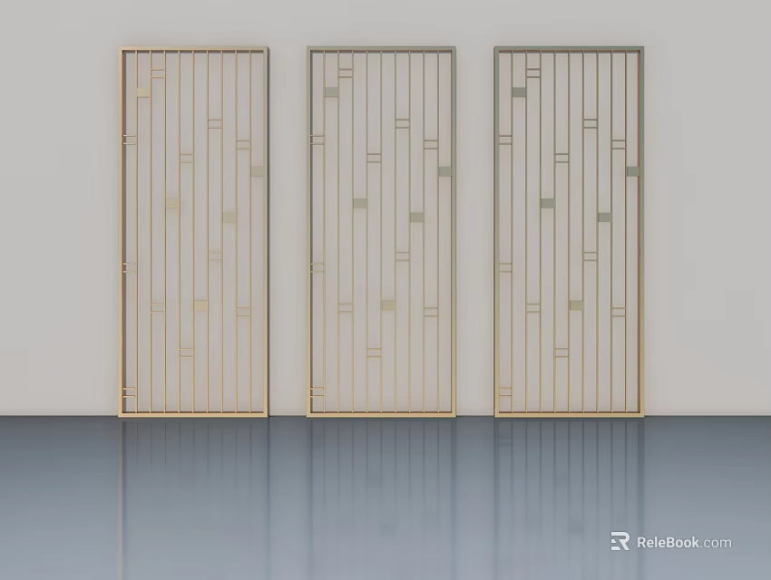 Three Golden Hinged Doors With Geometric Grid Design In Modern Interior 3d model