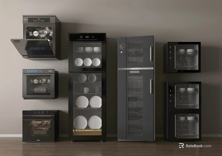 Modern Black Glass Door Kitchen Appliances Including Oven Refrigerator Sterilizer Arranged Against Wall 3d model 