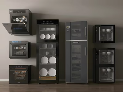 Modern Black Glass Door Kitchen Appliances Including Oven Refrigerator Sterilizer Arranged Against Wall 3d model
