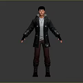 Man Wearing Black Coat White Shirt Brown Pants Boots 3D Character Model on Dark Background