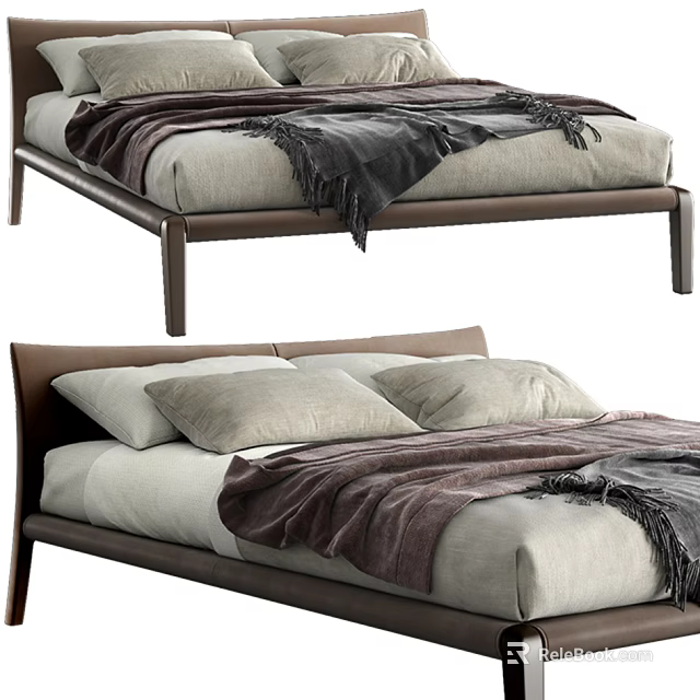 Modern Double Bed Frame With Beige Pillows Brown And Gray Throw Blanket 3d model