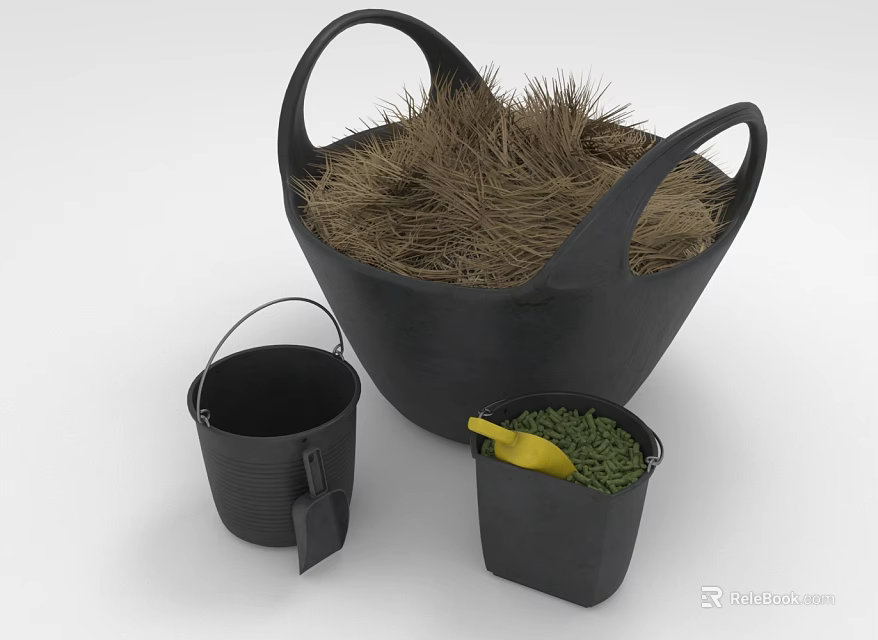 Black Gardening Containers Including Hay Filled Basket Small Buckets With Green Grass And Yellow Tool 3d model 