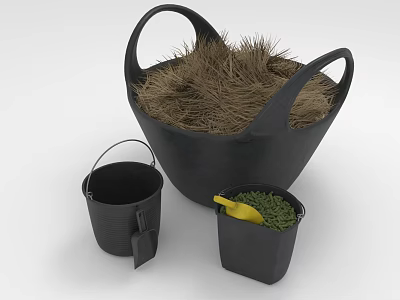 Black Gardening Containers Including Hay Filled Basket Small Buckets With Green Grass And Yellow Tool 3d model