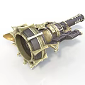 Intricate Mechanical Device With Metal Frame Golden Accents And Cannon Barrel