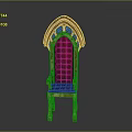 Medieval Wooden Chair Design With Red Cushioned Seat Arched Top And Blue Glass