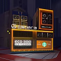 Illuminated Container Coffee Shop In Urban Area With Modern High Rise Buildings At Night