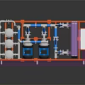 Industrial Equipment System With Blue Pumps Silver Pipes Purple Frame And Orange Base
