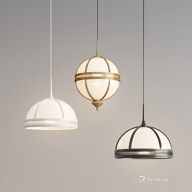 Three Modern Pendant Lights With White Gold Black Designs Dome Spherical Shapes 3d model 
