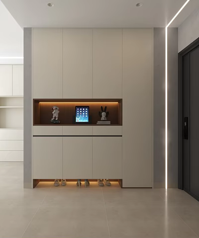 Modern White Shoe Cabinet Design With LED Lighting And Decorative Figurines 3d model