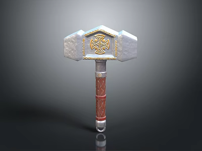 Fantasy War Hammer With Silver Head Golden Ornament And Red Textured Handle 3d model