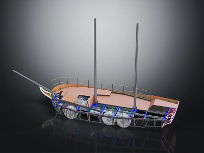 Detailed 3D Model Sailing Ship With Two Masts Open Deck And Metal Rails 3d model