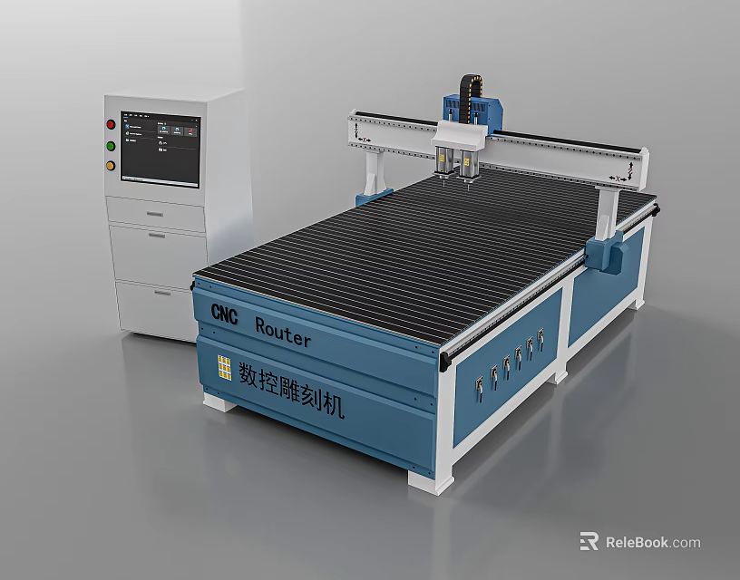 Blue Industrial CNC Router Machine with Black Grid Working Table and Control Panel 3d model