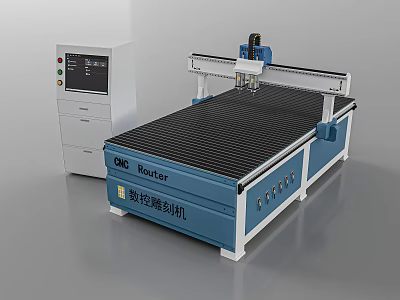 Blue Industrial CNC Router Machine with Black Grid Working Table and Control Panel 3d model
