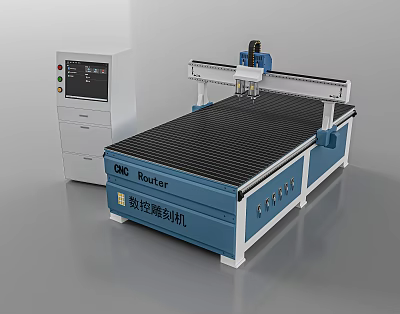 Blue Industrial CNC Router Machine with Black Grid Working Table and Control Panel 3d model