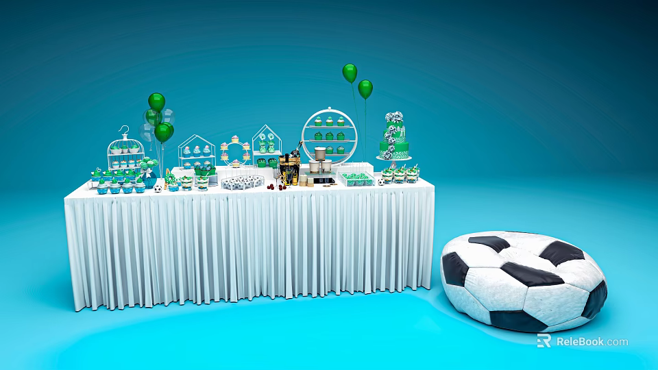 Decorated Dining Table With White Tablecloth Desserts Drinks Green Balloons And Soccer Ball 3d model 
