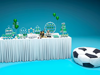 Decorated Dining Table With White Tablecloth Desserts Drinks Green Balloons And Soccer Ball 3d model