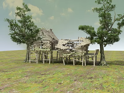 Dilapidated Wooden Hut Between Two Trees On Grassland Under Cloudy Sky 3d model