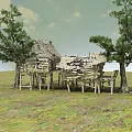 Dilapidated Wooden Hut Between Two Trees On Grassland Under Cloudy Sky