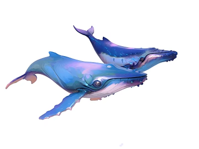 Vibrant Blue And Purple Whales Swimming Gracefully In Ocean Water 3d model