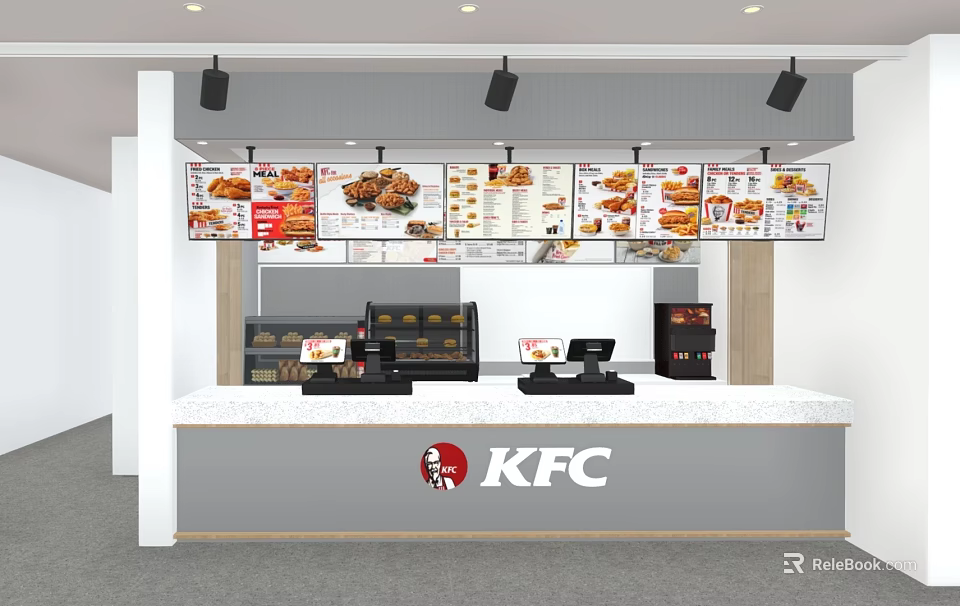 KFC Restaurant Kitchen Area With Order Counter And Menu Boards 3d model