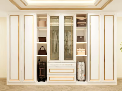 Elegant White Wardrobe With Golden Trim Glass Doors Shelves Drawers And Hanging Space 3d model