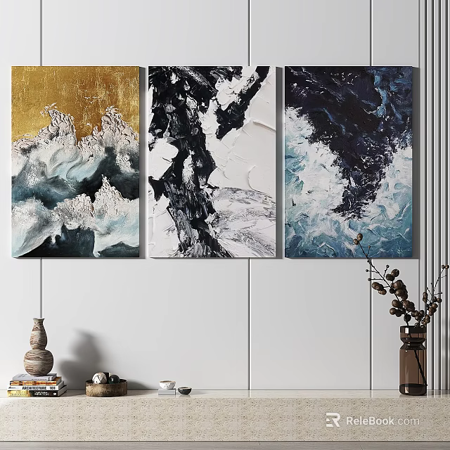 Abstract Triptych Paintings With Gold Black White Deep Blue Textured Modern Wall Art 3d model 