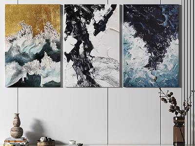 Abstract Triptych Paintings With Gold Black White Deep Blue Textured Modern Wall Art 3d model