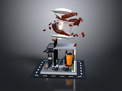 Miniature Coffee Shop Model With Overhead Spilled Coffee Cup And Scattered Beans 3d model