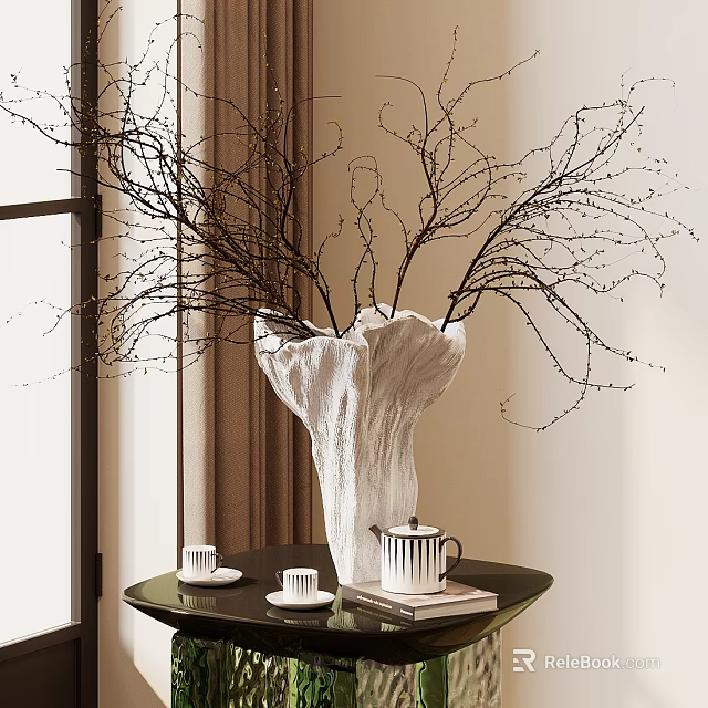 White Textured Vase With Decorative Twig Branches On Round Table With Tea Set And Curtains 3d model 