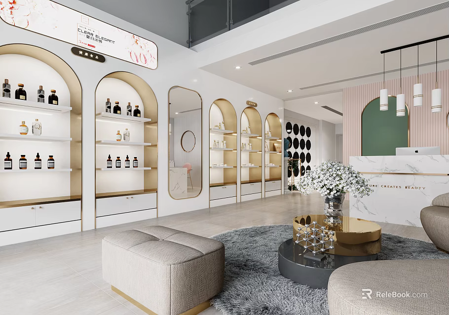 Elegant Modern Beauty Salon Interior With Shelves Mirrors Beauty Products And Reception Desk 3d model 