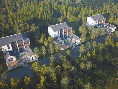 Aerial View Of Modern Houses Surrounded By Lush Trees And Forest Area 3d model