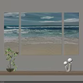 Triptych Landscape Painting With Beach Ocean Waves White Clouds And Blue Sky 3d model