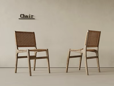 Two Woven Rattan Chairs With Wooden Frame Against Light Wall With Chair Sign 3d model