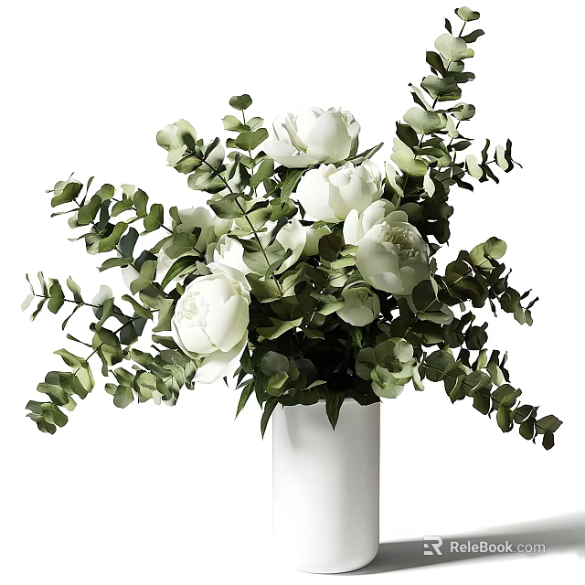 Elegant White Vase With White Peony Flowers And Green Eucalyptus Leaves 3d model 