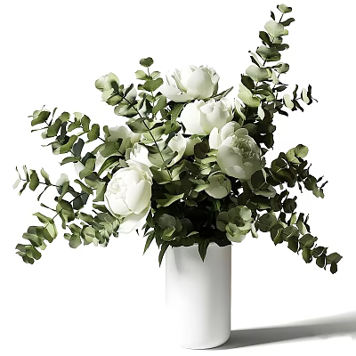 Elegant White Vase With White Peony Flowers And Green Eucalyptus Leaves 3d model