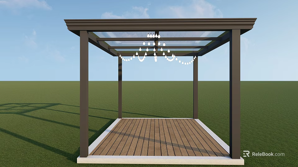 Outdoor Garden Gazebo With Wooden Deck Metal Frame And Roof Structure 3d model 