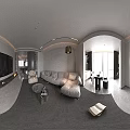 Warm Minimalist Modern Living And Dining Room With Plush Sofa And Marble Coffee Tables