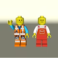 Two Lego Figures With Orange Safety Vest Blue Sleeves Red Overalls And Yellow Heads